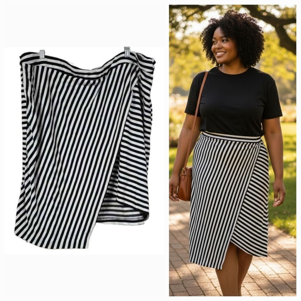 Cato 26/28W Black & White Stripe Asymmetrical Knee Length Skirt 4X Comfy Career